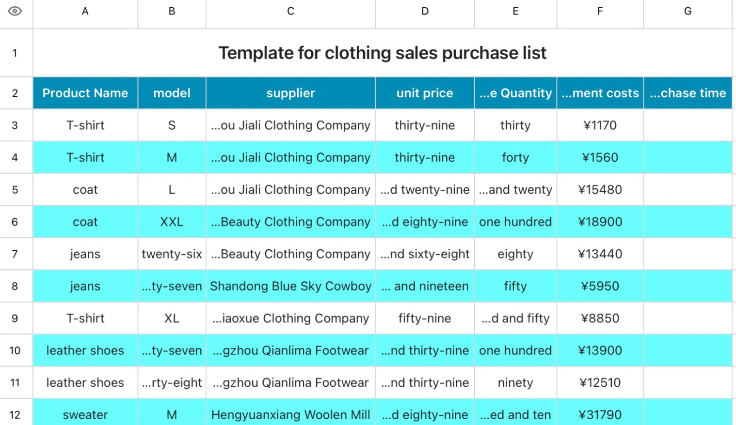 Template for clothing sales purchase list 1